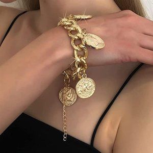 Sakytal Punk Gold Link Bracelets Chunky Cuban Chain Bracelet Dainty Coin